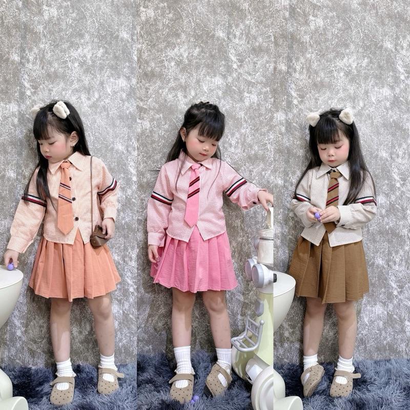  Sét Váy Xếp Ly Phối Áo Sơ Mi Dài Tay Dành Cho Bé Gái +   Tặng Kèm Cavat  Có Quần Bảo Hộ   