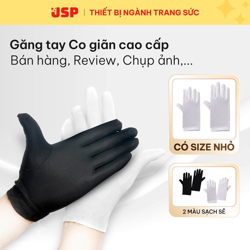 Găng tay cotton co giãn cao cấp JSP cho bán hàng chụp ảnh trang sức nam nữ size 21.5x9cm màu đen trắng