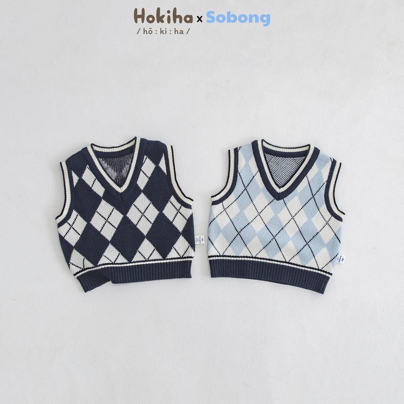 [Hokiha x Sobong] AL143 - Áo gile len cổ V kẻ caro cho bé trai bé gái chất len dày dặn, ấm áp, mềm mại size 8-17kg