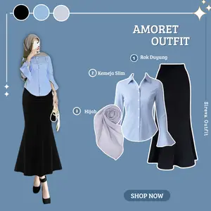 Setelan Amoret 3in1 { Kemeja Slim + Rok Duyung + Hijab } One Set Korean Style | Fashion Wanita Kekinian_SR06 Atasan Salur