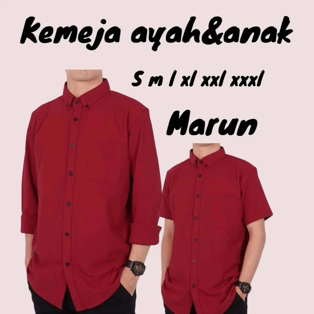 kemeja polos couple ayah dan anak laki laki warna marun lengan pendek dan panjang dewasa katun keluarga