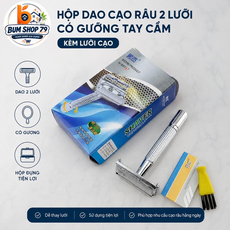 Dao Cạo Râu Shaver Hộp Dao Cạo Râu 2 Lưỡi Có Gương Tay Cầm Kèm Lưỡi Cạo