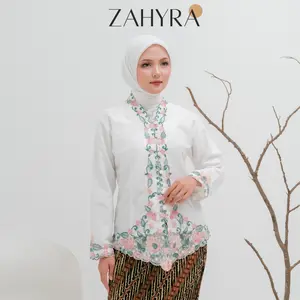 Zahyra Kebaya Encim Bordir Motif Bunga Melati Lengan Panjang Katun Polymikro Seragam Wanita untuk Wisuda dan Sekolah Dress Baju Atasan Putih