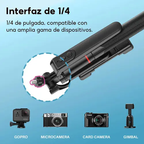 JQVITEK TR38 Trípode Palo Selfie 1.8m con Control Inalámbrico, Bastón Extensible Rotación 360°, Soporte Móvil Portátil Compatible con iOS y Android - Foto 6