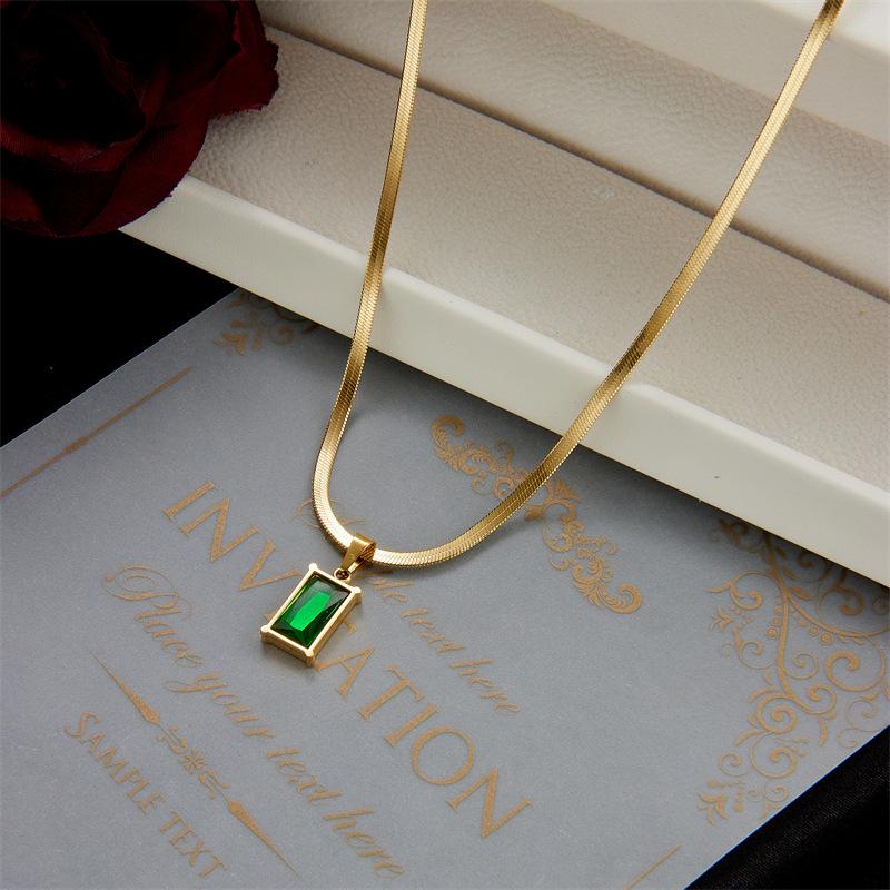 Product Introduction of 3 piece elegant minimalist necklace and earrings set, gold tone snake chain rectangular emerald green cubic zirconia pendant and hoop earrings 8