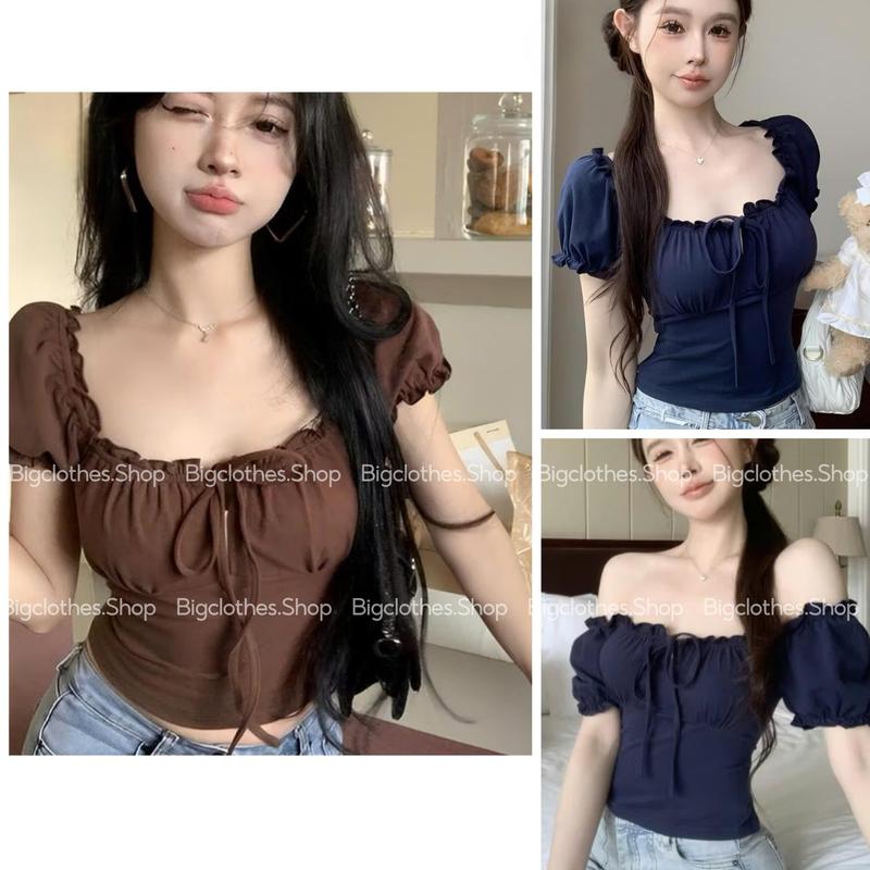 [Có Bigsize] Áo Thun Nữ Bèo Rúm Thắt Dây BigClothes, Áo Kiểu Nữ Trễ Vai Ôm Dáng A22