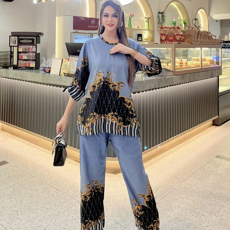Setelan Celana Panjang Wanita Dewasa Kain Rayon Lembut Lengan Serut Printing Pekalongan Motif Mahkota Garis Warna 3