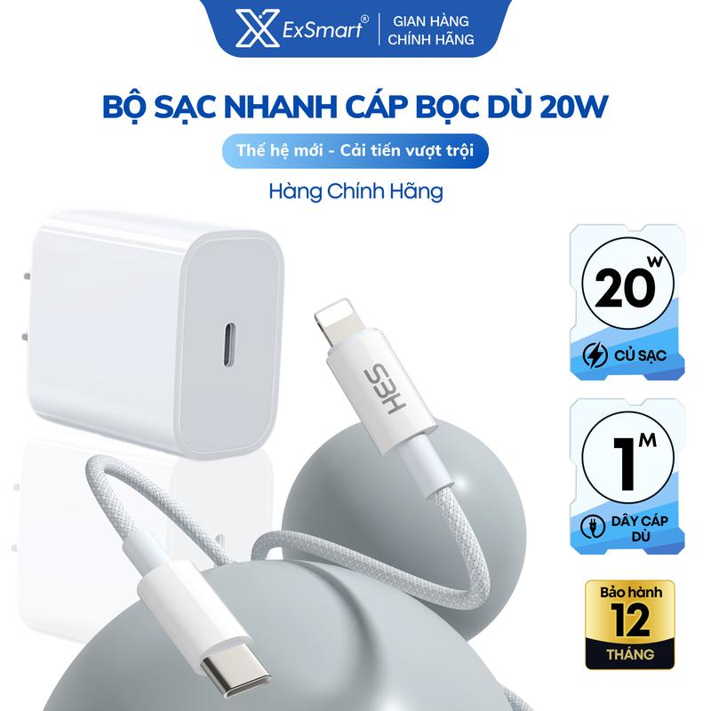  ExSmart Bộ Sạc Nhanh IP 20W Cáp Bọc Dù Thế Hệ Mới Đầu Chống Gãy 6-14prm Công Nghệ PD An Toàn Bảo Hành 12 Tháng 