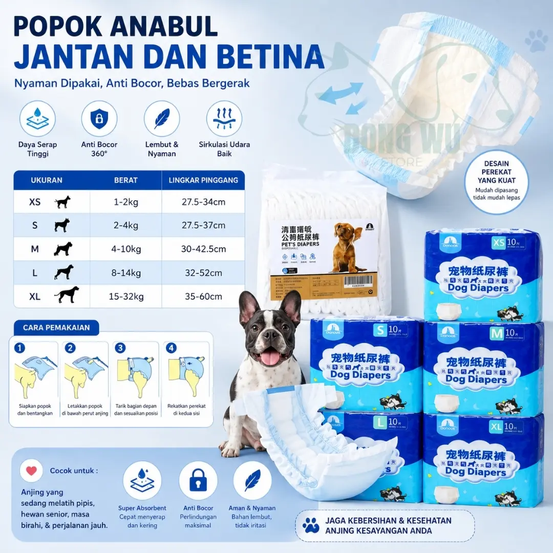 Popok Anjing Dan Kucing XS-XL - Solusi Praktis, Daya Serap Tinggi, Anti Bocor, Nyaman