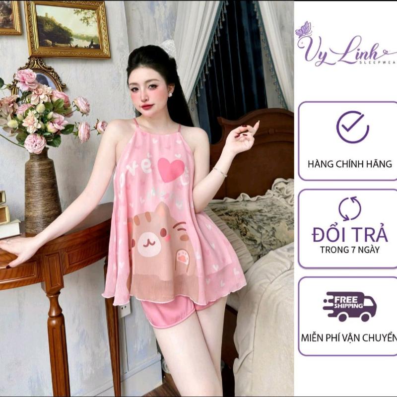 Bộ Đồ Yếm Ngủ Dành Cho Nữ Hoạ Tiết Dễ Thương Chất Liệu Voan Tơ Nhẹ Mát 1311