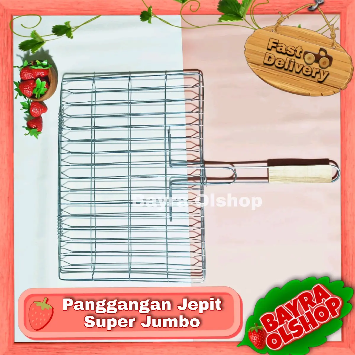PANGGANGAN JEPIT JUMBO RUJI  41x30 GAGANG KAYU /  Alat Panggang Stainless / Panggangan Jepit Ikan