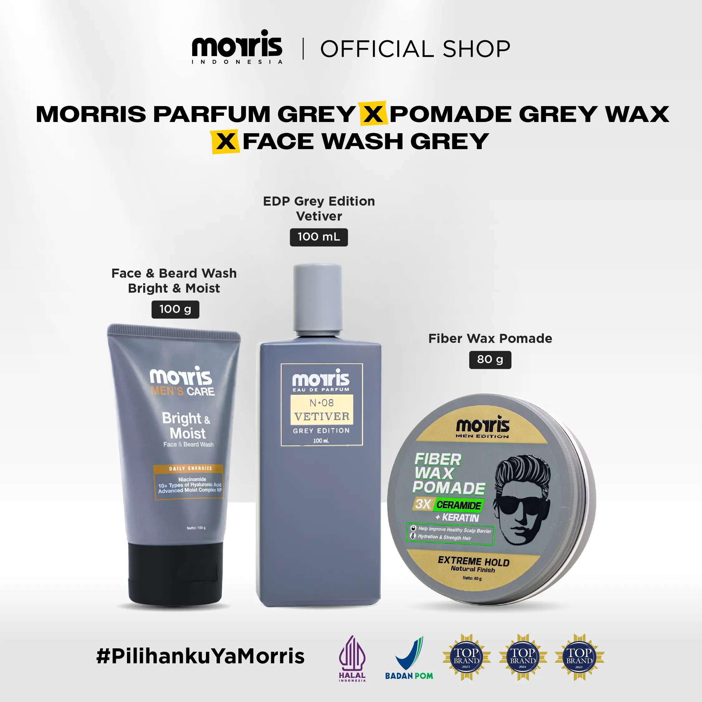 Morris Men’s Grooming Set | Morris Perfume Grey Edition 100ml , Fiber Wax Pomade & Facewash Bright 80gr | Parfum Cowok Tahan Lama Dan Pomade Vitamin Rambut Cowok
