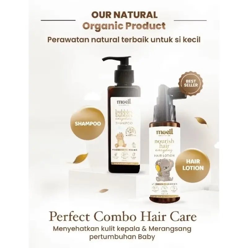 Moell Hair Care - (Shampoo 185ml & Hair Lotion 100ml) - Hair Care with Panax Ginseng, Kemiri, Biotin - Perawatan Rambut Bayi & Anak pikaru kondisioner sakura anti-ketombe Travel Smooth shampoo non rambut rontok Smoothing Keratin Haircare sampo penumbuh 4