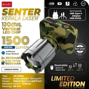 AOKI SENTER KEPALA ZOOM 60WAT PRO 1000LUMEN AK-3676A/AK-3676K+ CHAGER Camping Portable Baterai Lampu Usb