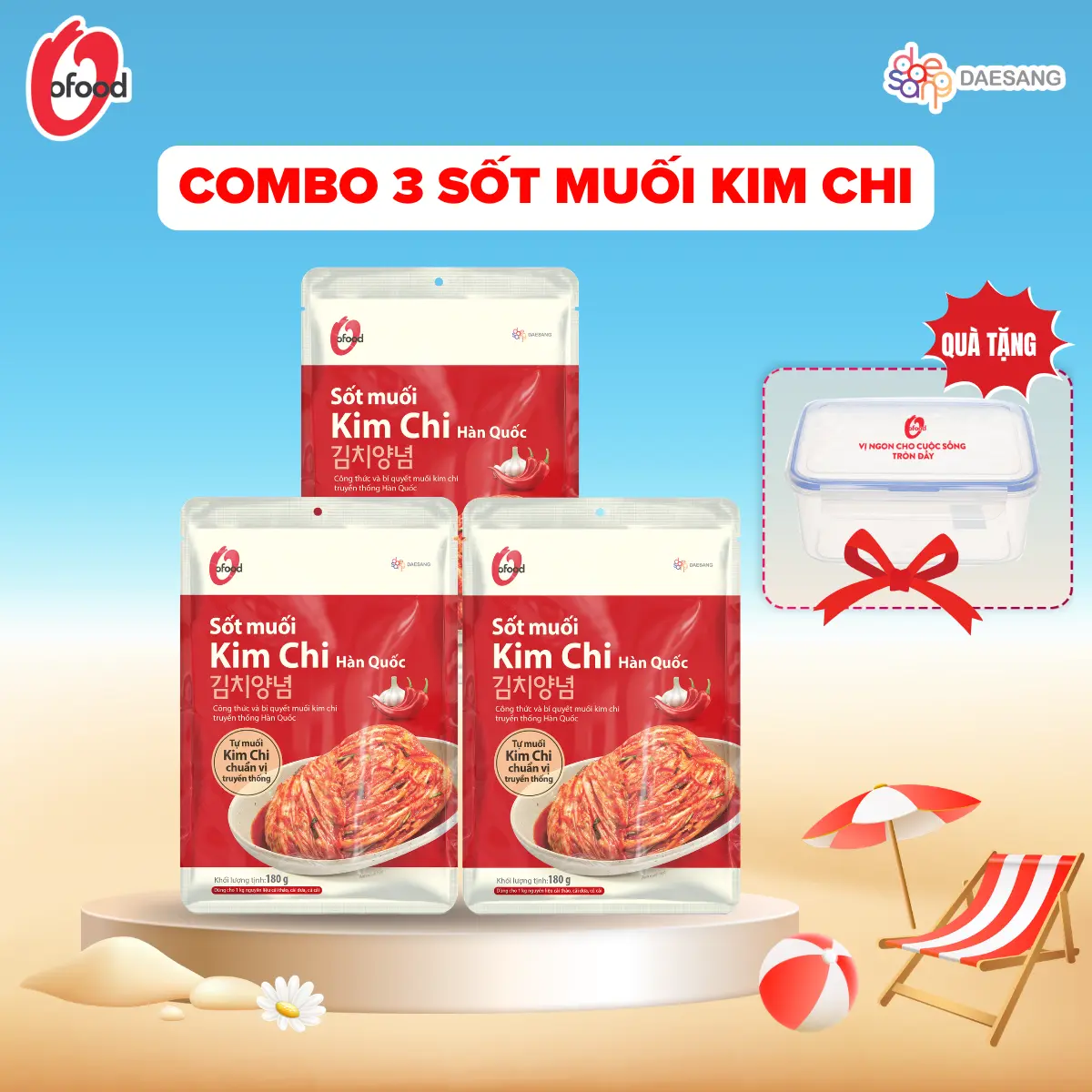 Combo 3 gói sốt muối kim chi O'food 180g / gói Tặng 1 hộp nhựa cao cấp 2L