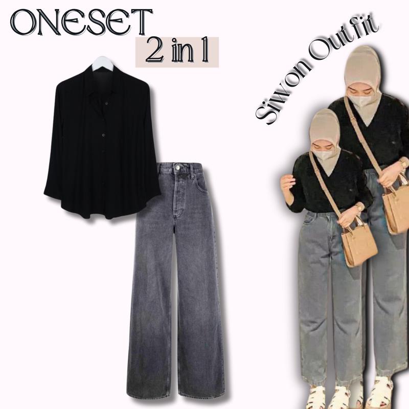 Oneset Kekinian Oneset Kece 3in1 Siwon Outfit (Kemeja Hitam+Jeans snow black+Bella square Khaki)021 1
