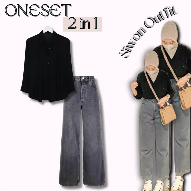 Oneset Kekinian Oneset Kece 3in1 Siwon Outfit (Kemeja Hitam+Jeans snow black+Bella square Khaki)021 1