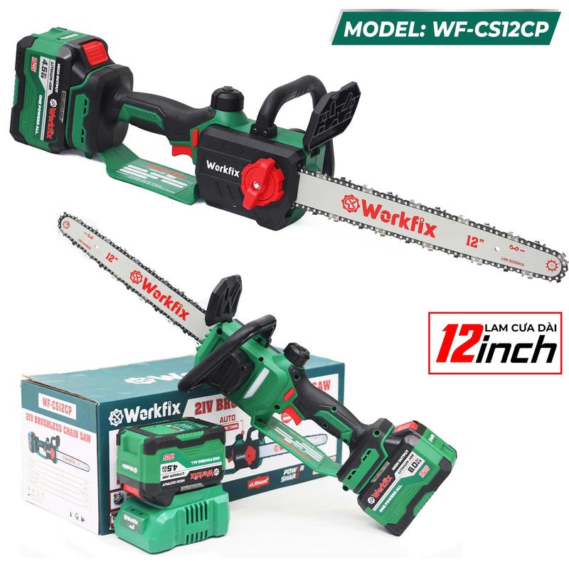Máy Cưa Pin 12 Inch Workfix WF-CS12CP - Tốc Độ Cưa 6m/s - Động Cơ Không Chổi Than - Pin 15 Cell 4.5Ah - Bảo Hành Chính Hãng 6 Tháng