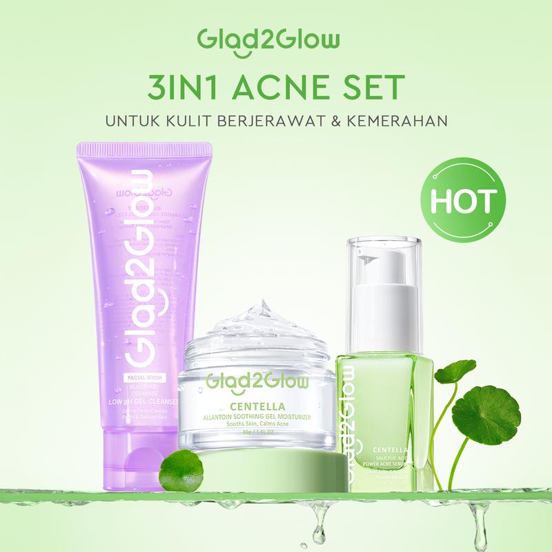 【3in1】Glad2Glow bundle 3pcs Skincare Moisturizer Face Wash Serum -ACNE KIT GLOWING KIT Dark Spot Berjerawat Ceramide Cleanser Kering Membersihkan Niacinamide Wajah Arbutin Cooling Hitam 5