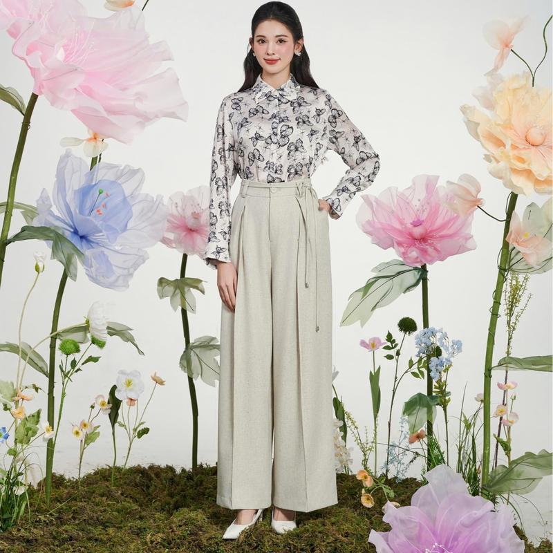 TREND25 Quần Nữ CCHAT Dáng Suông Xếp Ly Dây Đai Trang Trí Chất Tuytsi 55QDS1001ST