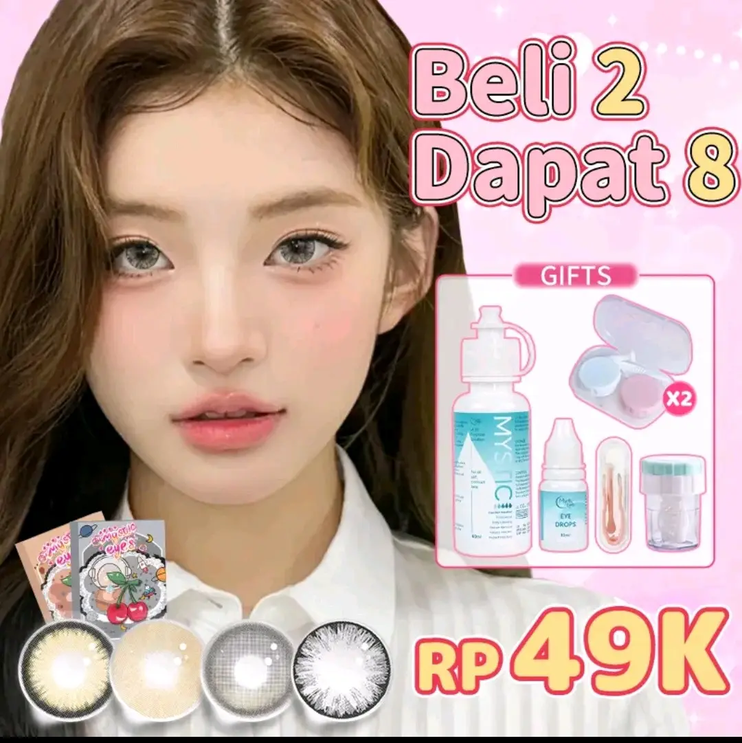 (buy 1 get 8 ) mystic ayes normal contact , 2 pasang softlens , 60ml pembersih , 10ml tetes mata , alatcuci, aplikator, case softlens