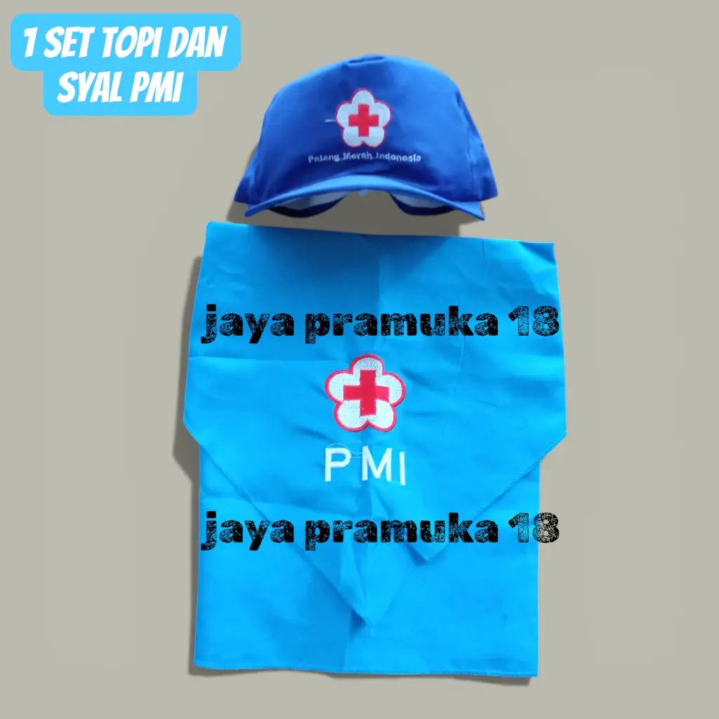 Paket syal + Topi PMI kuning dan biru Palang Merah Indonesia Madya / Wira bordir