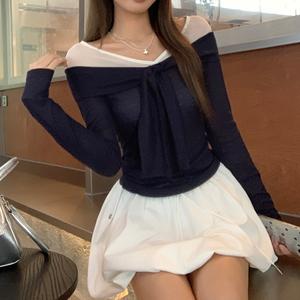 Elegant One-Shoulder Mesh Patchwork Long Sleeve T-Shirt for Women, Fall New Style Faux Two-Piece Slim Fit Top, Trendy Fashion Tee 3331# Womenswear Basic Casual Minimalist Short Blouses Lingerie