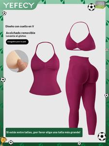 Conjunto de 3 piezas para mujer: top halter, sujetador deportivo y pantalón ajustado de cintura alta; almohadillas desmontables; realza el trasero y ofrece soporte abdominal; ideal para yoga, fitness y uso diario