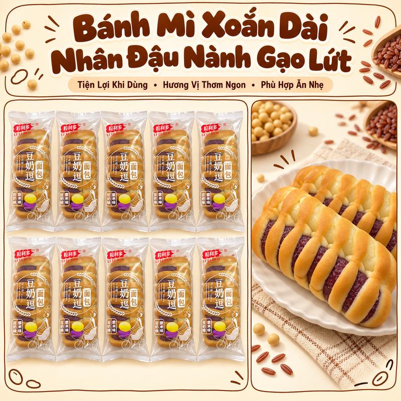 Bánh Mì Xoắn Dài Nhân Đậu Nành Gạo Lứt LILIDUO – 10 Cái, Đóng Gói Riêng Tiện Lợi