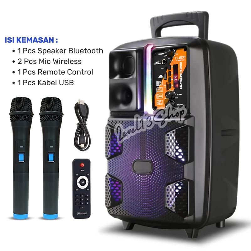 Speaker Bluetooth FLECO F-8808 LED 8 Inch Free 2 Mic Wireless Karaoke + Remote - Speaker Karaoke Full Bass FM Radio digital 1