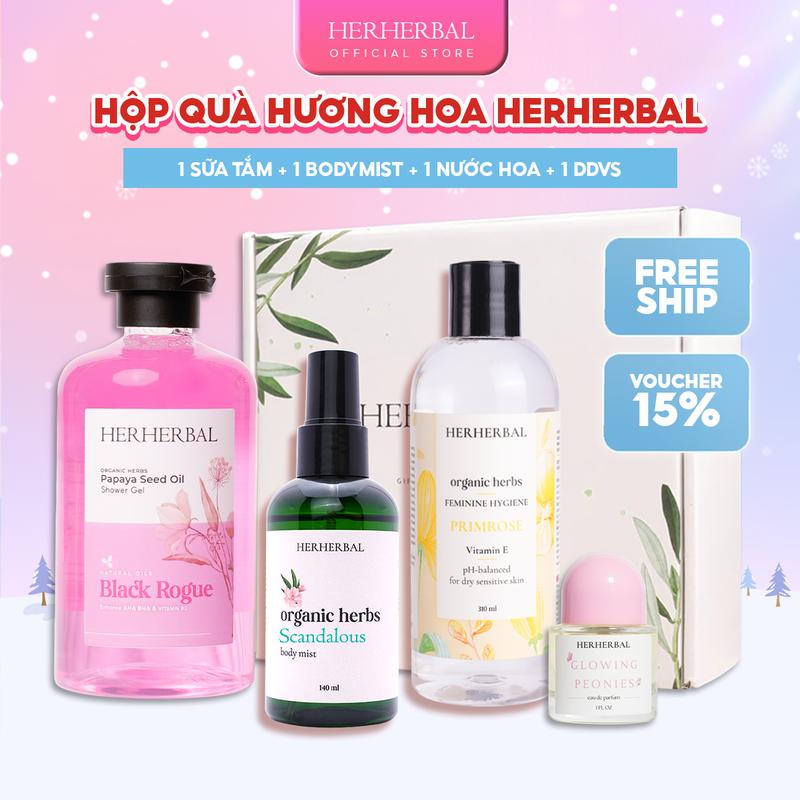  Hộp Quà Tỏa Hương Herherbal - Tẩy tế Bào Chết 250g + Sữa tắm nước hoa 500ml + Bodymist 140ml + Nước Hoa Nữ 30ml 