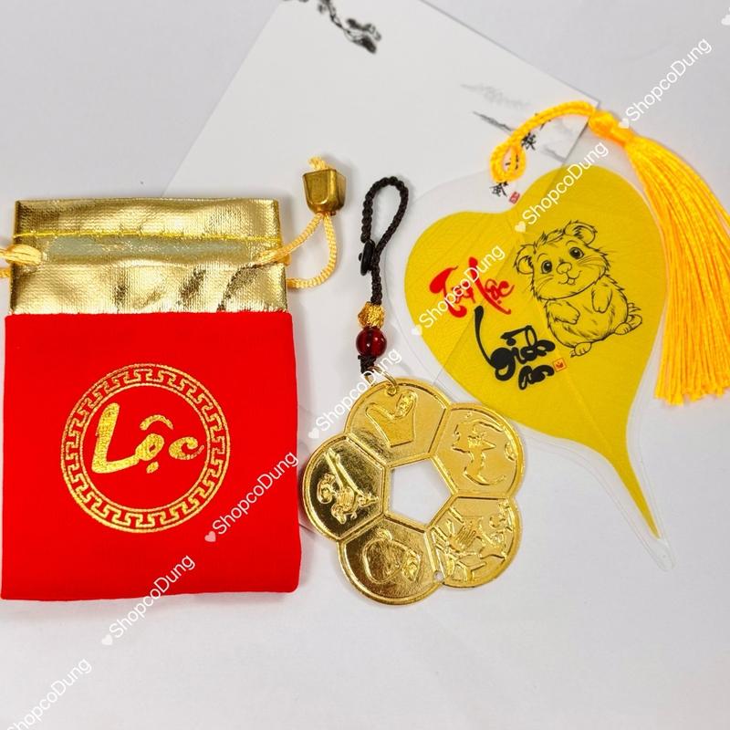 tặng túi lộc Combo lá bồ đề 12 con giáp và móc khoá nút thắt đồng xu hoa mai 5,5cm treo xe bỏ ví