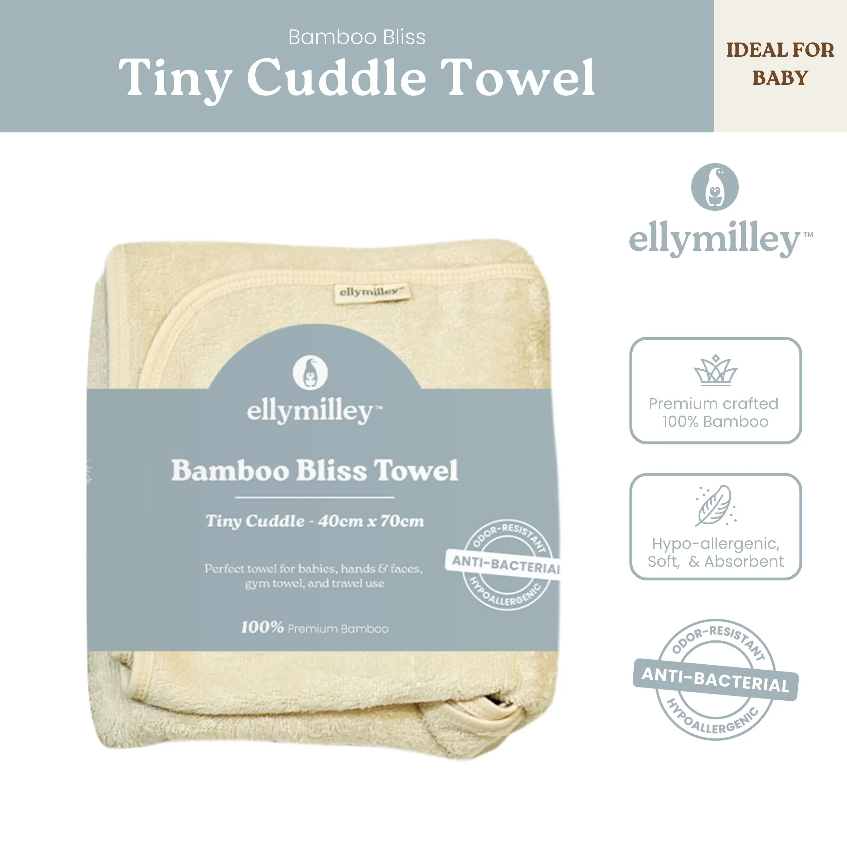 Elly Milley Bamboo Bliss Towel Tiny Cuddle, 40cm x 70cm, Ultra-Soft Baby, Face Towel, Gentle & Absorbent for Newborns & Kids