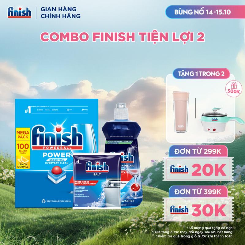 Combo Finish tiện lợi 2: Hộp 100 Viên Rửa Bát Essential + Nước Làm Bóng Finish 500ml +Muối Rửa Chén Bát Finish Salt - Bịch 1KG