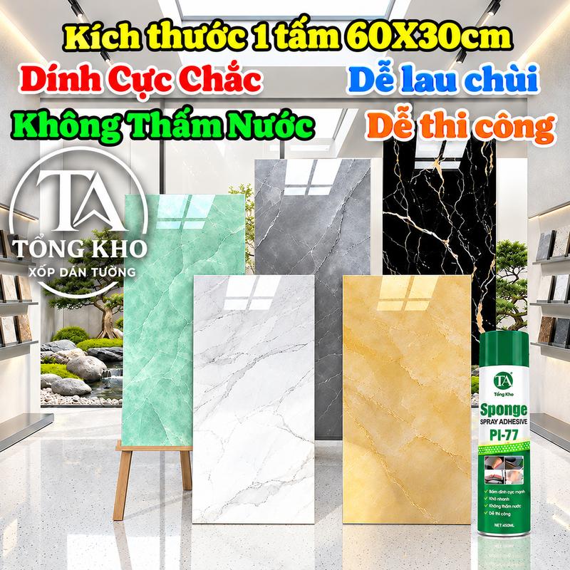 10 Tấm PVC vân đá kích thước 60X30cm dày dặn sắc nét , sẵn lớp keo tráng nhôm…