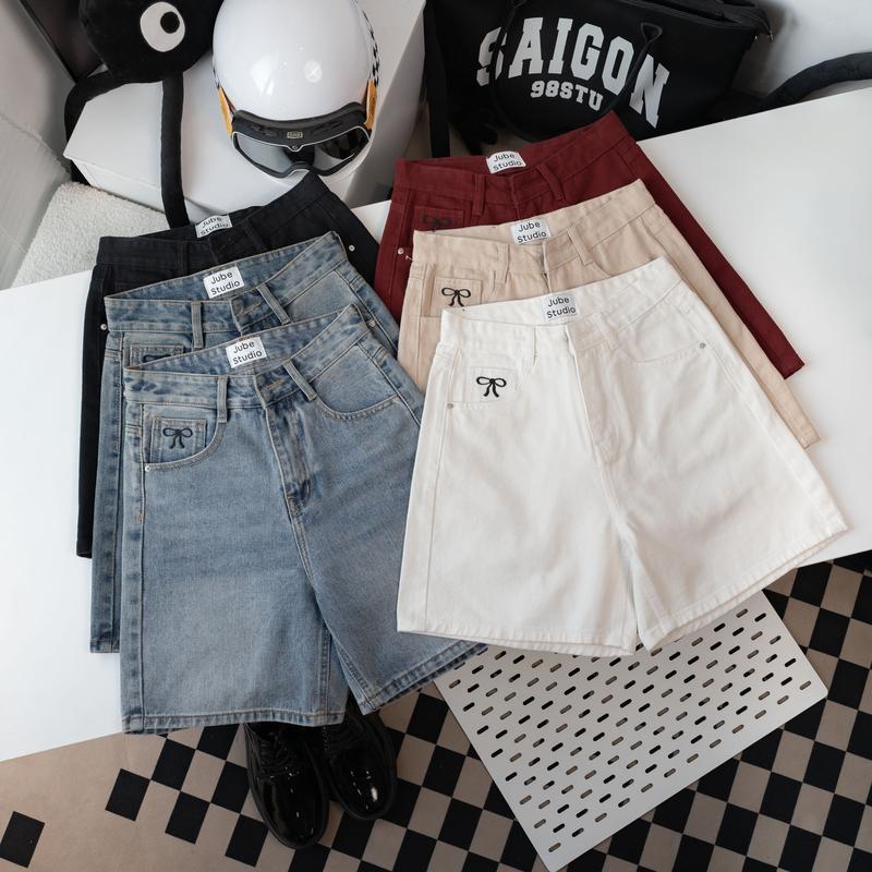 Quần Jeans Ngố Lửng Nữ Kiểu Dáng Trơn Thêu Nơ Túi Trước Sau Vải QC Cao Cấp