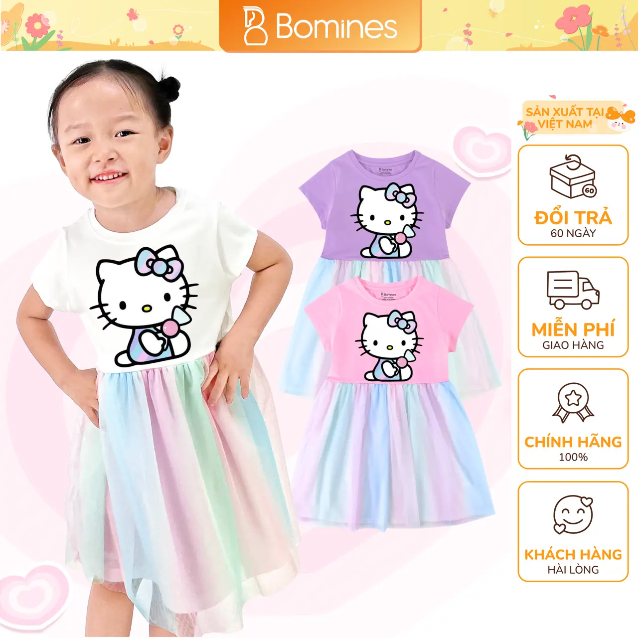 Váy bé gái tay ngắn Hello Kitty Bomines, đầm tutu phối lưới mềm mịn 2- 12 tuổi, 13kg - 36kg DTNLUOIKITTYKEO Cotton Thun