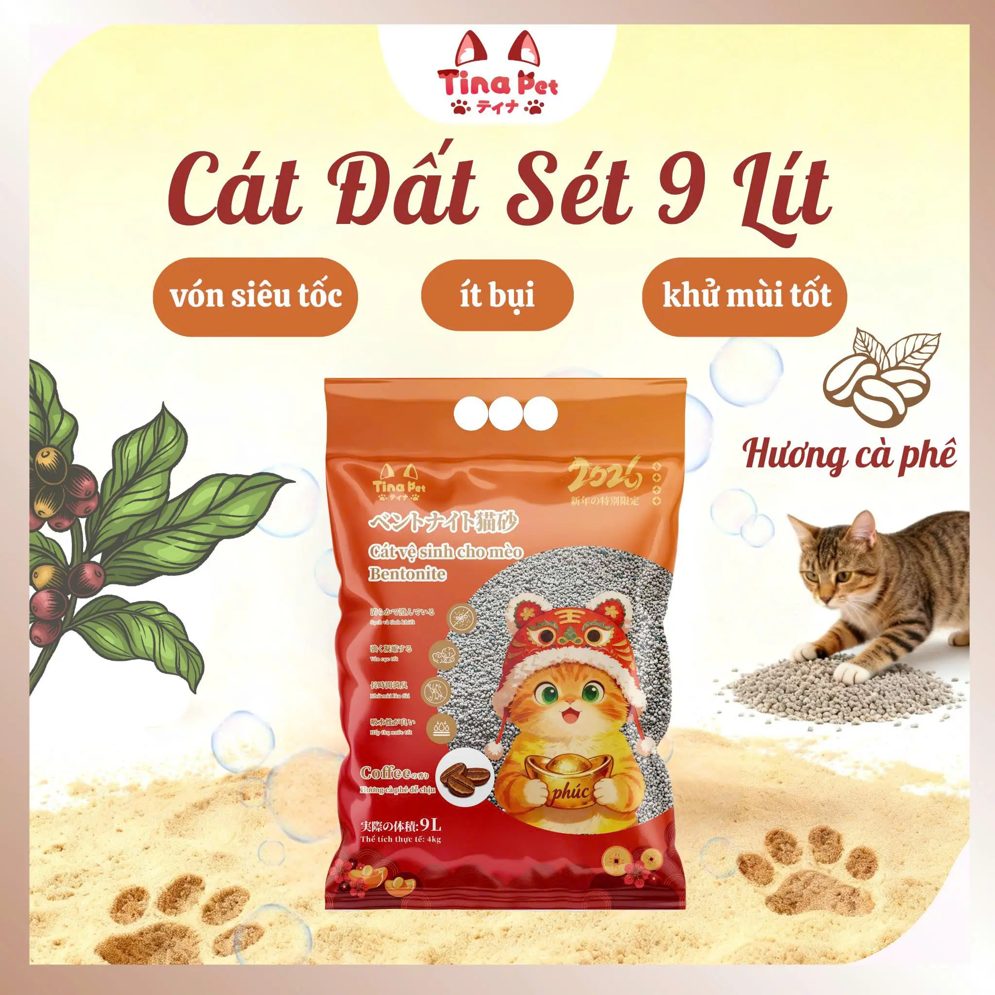 Cát vệ sinh cho mèo Bentonite TINA PET | Phiên bản có mùi | 4 kg