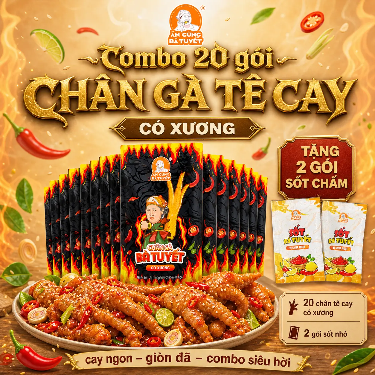 (Tặng 2 gói sốt) Combo 20 CHÂN GÀ TÊ CAY CÓ XƯƠNG - ĂN CÙNG BÀ TUYẾT M11