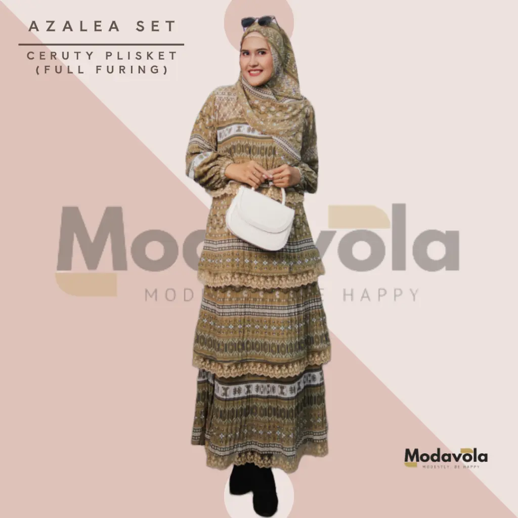 Gamis Motif Nusantara Azalea Set Hijab Gamis Ceruty Dress Plisket Susun Best Seller Baju Wanita