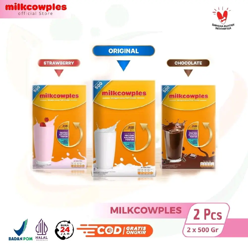 (Bundle 2 Pcs) Milkcowplus Susu Bubuk Tinggi Kalsium dan Protein 2 x 500 Gram - Stroberi, Cokelat, Original Dairy Milk