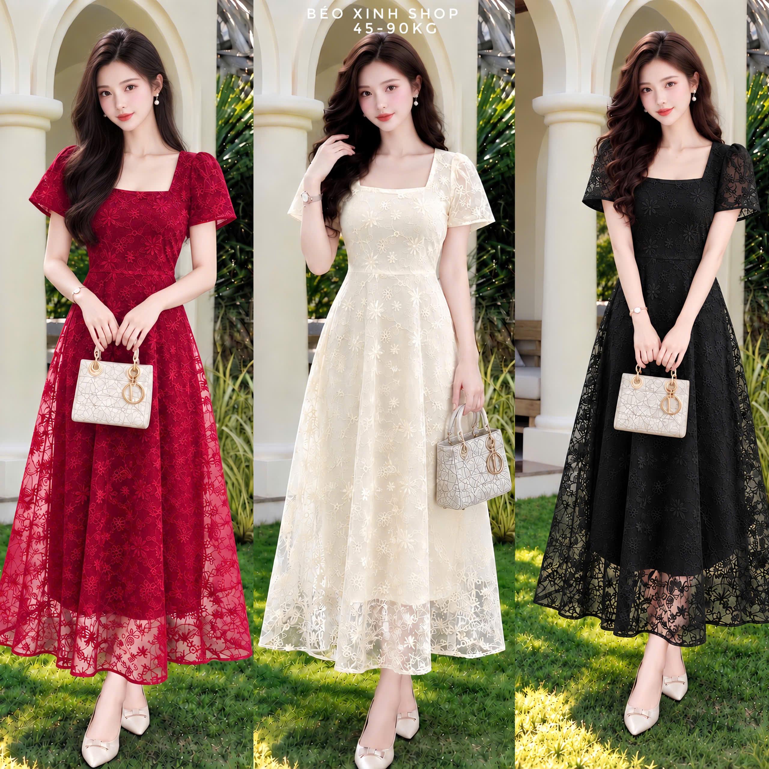 Đầm Ren Hoa Dài Dự Tiệc Cổ Vuông Tùng Xòe Có Bigsize 40–90kg Thời Trang Béo Xinh Shop - B.1901