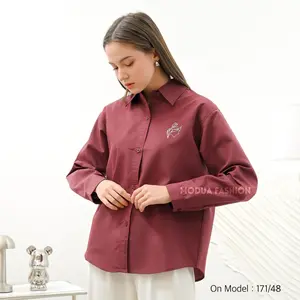MODUA - Flomy Shirt Kemeja Wanita Bluse Kekinian Oversize Katun Poplin Bordir Basic Fit dengan Desain Clean Eksklusif Material Cotton Poplin Premium
