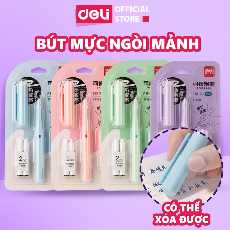 Bút máy học sinh cao cấp Deli - 4 màu bút máy luyện viết chữ đẹp mực xanh nét mảnh mực ra đều đầu tẩy có thể xoá được 