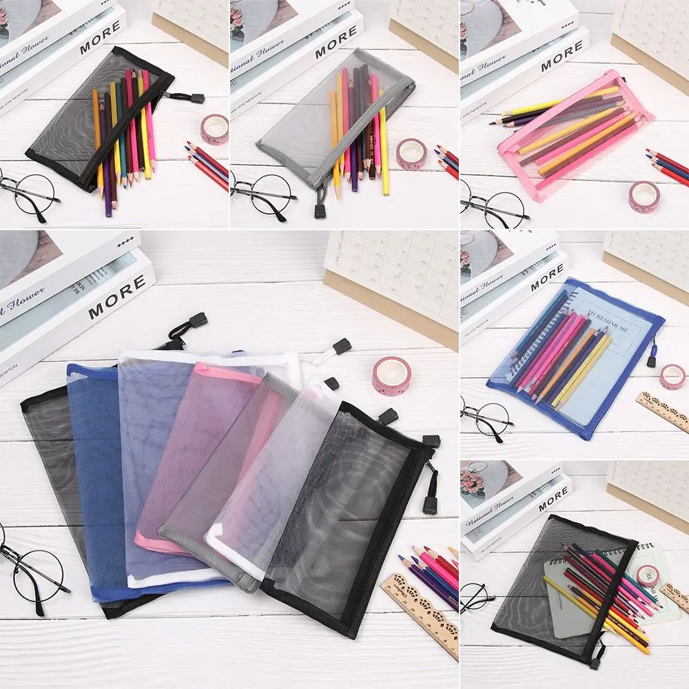 1pc Nylon Fashion Makeup Handbags Cosmetic Coin Purse Mesh Pen Bag Cosmetic Storage Zipper Pencil Case Transparent Grid
