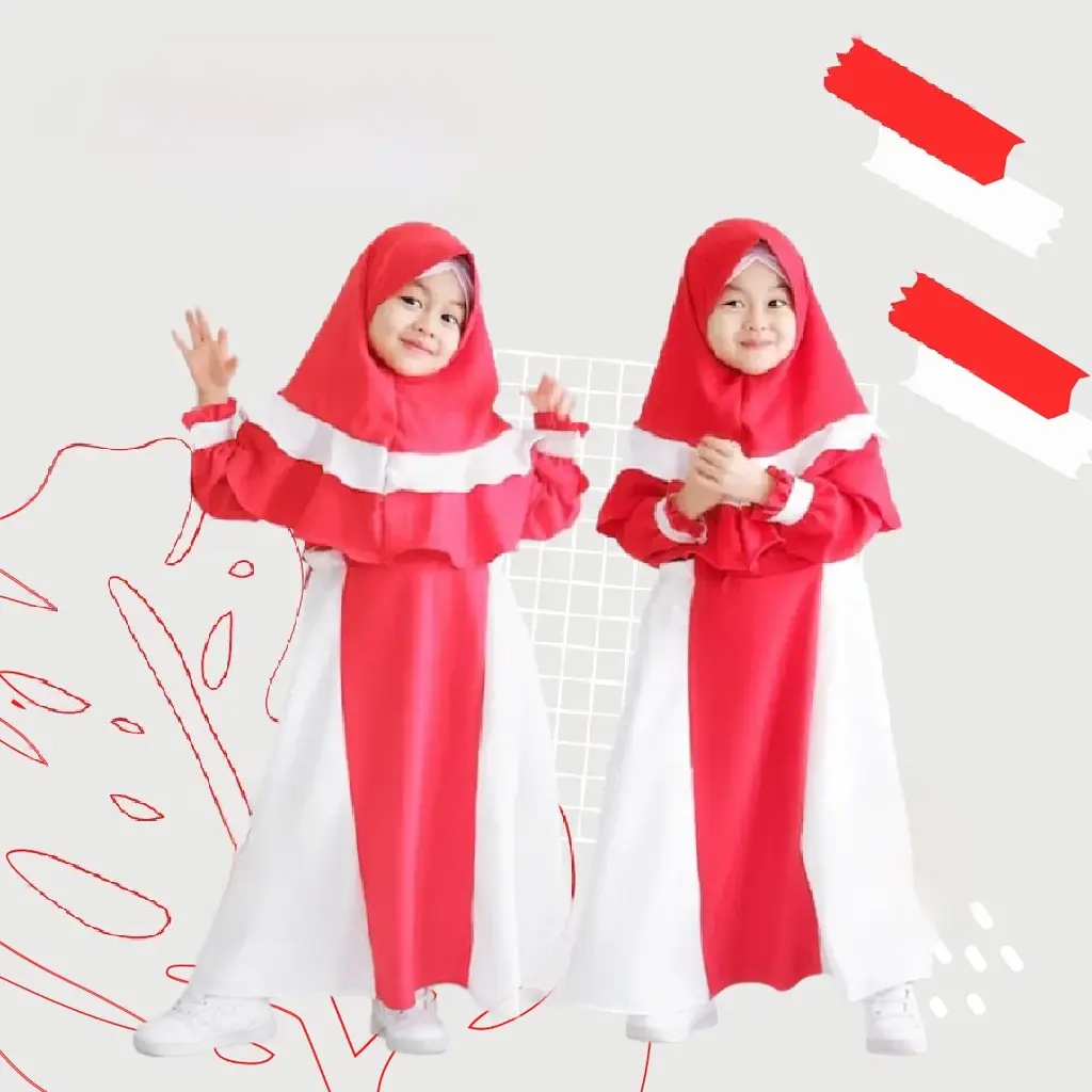 OKTAPIYANI  Gamis Muslim Anak Sekolah Sudah Satu Set Kerudung Merah Putih Bahan Crinkle Adem Dan Nyaman 2-12 Tahun Jilbab Airflow Baju Panjang Remaja Kaftan Tanggung Maroon