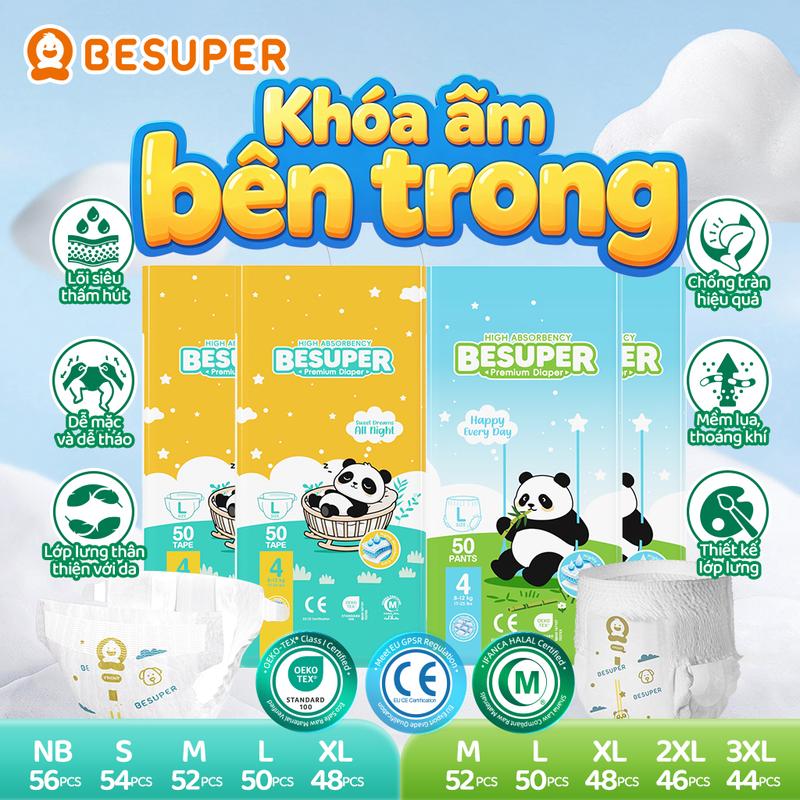 Tã dán BESUPER / quần tã kéo lên 50 chiếc, cỡ S–XXXL, thấm hút nhanh, mềm mại, thoáng khí, chống rò rỉ, dành cho bé