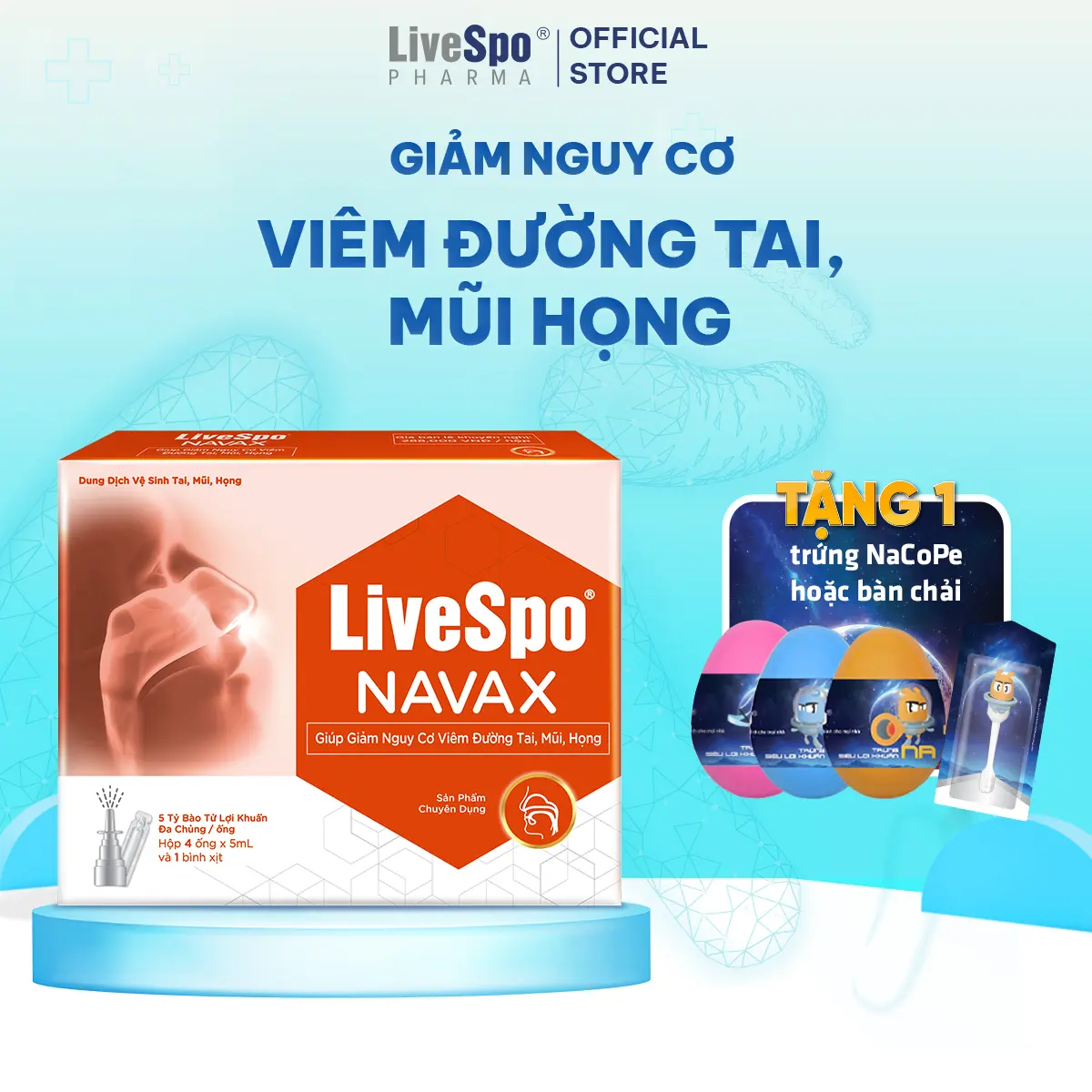 [Tặng trứng hoặc bàn chải] LiveSpo Navax chuyên dụng dạng xịt/nhỏ mũi : probiotics thế hệ mới cho người viêm đường hô hấp - 10 ống x 4ml (Với bình xịt riêng) nước muối sinh lý