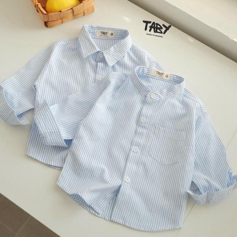 TABY FORM RỘNG Áo sơ mi xanh kẻ dài tay basic chất liệu vải thô mềm thoáng khí cho bé trai bé gái 8-23kg TB54