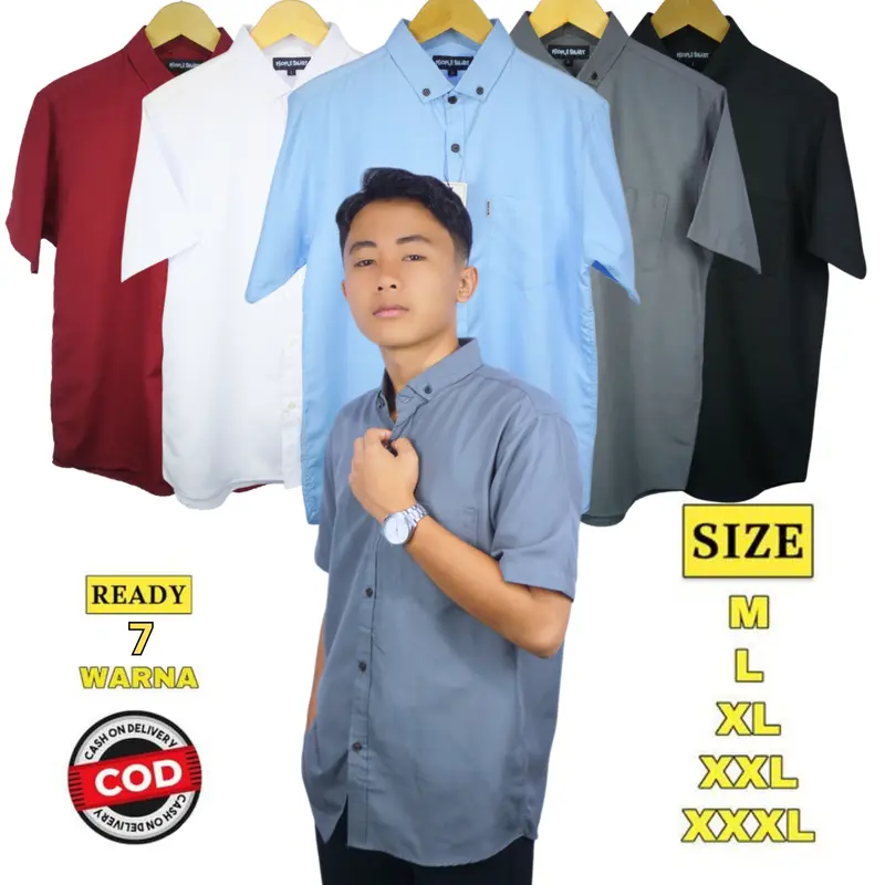 Kemeja Polos Pria Slimfit Casual Baju Formal Katun Distro Softblue Hitam Putih Panjang Tangan Garis Santai DHEEM Pendek Kerja Cowok Kerah Hem Kantor Navy lengan 5